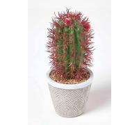 HOMESCAPES Lifelike 'Spiny Pinchusion Cactus’ Small Artificial Pink Cactus In Decorative Stone Pot Faux Succulent Decoration For Home Or Office, Measures 25cm Tall