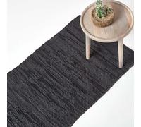 HOMESCAPES Denver Leather Woven Rug - Black - 66 x 200 cm