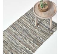 HOMESCAPES Denver Leather Woven Rug - Grey - 66 x 200 cm