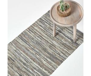 HOMESCAPES Denver Leather Woven Rug - Grey - 66 x 200 cm