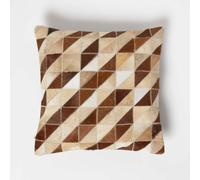 Homescapes Diamond Check Cream & Brown Leather Cushion 45 X 45 Cm