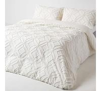 HOMESCAPES Double 100% Cotton White Tufted Duvet Cover Set with Geometric Diamond Textured Pattern 180 Thread Count Pure Cotton Super Soft Quilt Cover with Pillowcases