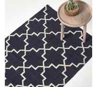 HOMESCAPES Edmonton Handwoven Navy Blue and White Cotton Geometric Kilim Rug - 90 x 150 cm