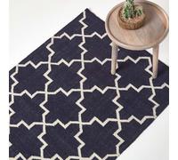 Homescapes Edmonton Navy Blue And White 100% Cotton Geometric Pattern Kilim Rug, 160 X 230 Cm