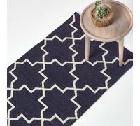 Homescapes Edmonton Navy Blue And White 100% Cotton Geometric Pattern Kilim Rug, 66 X 200 Cm
