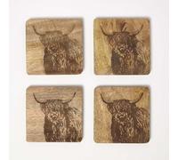 Homescapes Wooden Coaster Set with Highland Cow Design, Set of 4 in Natural Homescapes Natural