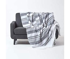 HOMESCAPES Extra Large Charcoal Grey Throw “Morocco” Cotton Textured Stripe Throw 254 x 356 cm Bedspread Sofa Throw Handmade Suitable for 3 or 4 Seater Sofas or Double King and Super King Size Beds