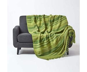 HOMESCAPES Extra Large Green Throw “Morocco” Cotton Textured Stripe Throw 254 x 356 cm Bedspread Sofa Throw Handmade Suitable for 3 or 4 Seater Sofas or Double King and Super King Size Beds