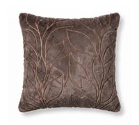Homescapes Faux Fur Embossed Botanical Leaves Cushion With Cover, Brown