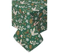 HOMESCAPES Christmas Table Cloth, Cotton Round Tablecloth, Handcrafted & Durable Dining Table Cover with Hem Stitch, Hypoallergenic, Washable, Green Floral Festive Forest - 178cm