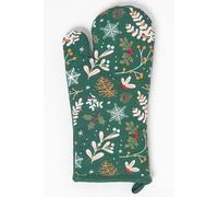HOMESCAPES Green Oven Glove 100% Cotton Christmas Oven Mitt with Floral Holly Xmas Pattern