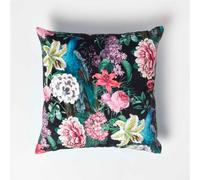 Homescapes Floral Garden Parrot Filled Velvet Cushion 46 X 46 Cm