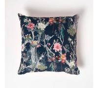 Homescapes Floral Peacock Black & Teal Filled Velvet Cushion 46 X 46 Cm