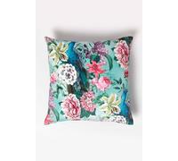 Homescapes Floral Peacock Pink & Green Filled Velvet Cushion 46 X 46 Cm