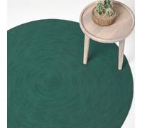 HOMESCAPES Dark Green Handmade Braided Round Rug For Bedroom & Living Room Reversible Woven Cotton Circular Rug, 150 cm