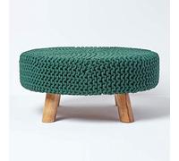 Homescapes Large Round Cotton Knitted Footstool On Legs In Dark Green Dark Green One Size