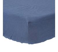 HOMESCAPES French Flax Linen Fitted Sheet - 46 cm Extra Deep - Navy Blue - Double