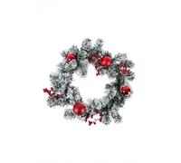 Homescapes Frosted Large Artificial Fir Branch Christmas Wreath with Red Baubles, 19 Inch