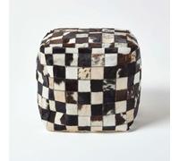 HOMESCAPES Genuine Leather Brown Check Design Bean Filled Pouffe - Brown