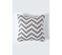 HOMESCAPES Grey Knitted Cushion Cover Geometric Pattern Cotton Cushion Super Soft Handwoven Silver Grey and Off White 100% Cotton Chevron Herringbone Square Cushion, 45 x 45 cm