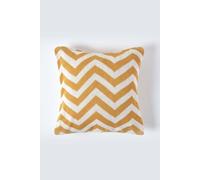 HOMESCAPES Mustard Knitted Cushion Cover Geometric Pattern Cotton Cushion Super Soft Handwoven Dark Yellow and Off White 100% Cotton Chevron Herringbone Square Cushion, 45 x 45 cm