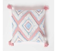 Homescapes Geometric Ikat Tufted Cotton Cushion with Tassels in Blue | Size: 45 cm x 45 cm Homescapes Blue 45 cm x 45 cm