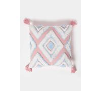 Homescapes Geometric Ikat Tufted Cotton Cushion With Tassels In Blue Blue 45cm x 45cm