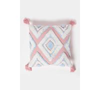 Homescapes Geometric Ikat Tufted Cotton Cushion with Tassels in Blue | Size: 45 cm x 45 cm Homescapes Blue 45 cm x 45 cm