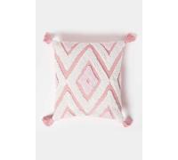 Homescapes Geometric Ikat White & Pink Tufted Cotton Cushion With Tassels 45 X 45 Cm