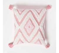 Homescapes Geometric Ikat Tufted Cotton Cushion with Tassels in White | Size: 45 cm x 45 cm Homescapes White 45 cm x 45 cm