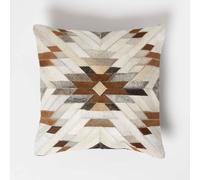 Homescapes Geometric Star Brown & Cream Leather Cushion 45 X 45 Cm