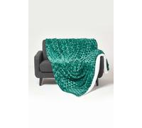 HOMESCAPES Patterned Sherpa Fleece Throw Blanket - Soft Velvet Sofa Throw, Warm Fluffy Blanket For Beds, Thick & Cosy Reversible Blankets, Triangular Geometric Design - Emerald Green, 200 x 230cm