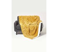 HOMESCAPES Patterned Sherpa Fleece Throw Blanket - Soft Velvet Sofa Throw, Warm Fluffy Blanket For Beds, Thick & Cosy Reversible Blankets, Triangular Geometric Design - Mustard Yellow, 200 x 230cm