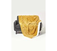 HOMESCAPES Patterned Sherpa Fleece Throw Blanket - Soft Velvet Sofa Throw, Warm Fluffy Blanket For Beds, Thick & Cosy Reversible Blankets, Triangular Geometric Design - Mustard Yellow, 200 x 230cm