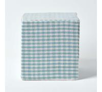 HOMESCAPES Blue Cube Cotton Gingham Check Pouffe - 36 x 36 x 38 cm