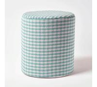 HOMESCAPES Gingham Check Round Pouffe Cotton - 40 x 42 cm - Blue