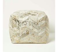 HOMESCAPES Gold & Grey Geometric Diamond Leather Pouffe Bean Cube - Gold