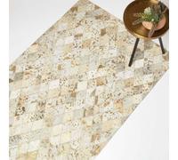 HOMESCAPES Gold & Grey Geometric Diamond Leather Rug, 90 x 150 cm