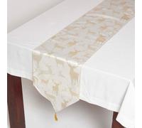 HOMESCAPES Christmas Table Runner Sparkling Gold Christmas Runner 32 x 182 cm with Tassels & Stag Xmas Pattern