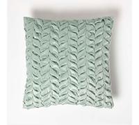 HOMESCAPES Green Velvet Fabric Cushion Luxury Pleated 100% Polyester Cover Filled Scatter Cushion for Sofa and Bed Decoration 45 x 45 cm