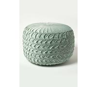 HOMESCAPES Green Velvet Pouffe 50 cm Wide Round Pleated Velvet Footstool with Bean Filling Foot Rest Vanity Stool for Living Room or Bedroom