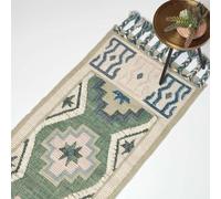 HOMESCAPES Green & Blue Handwoven Kilim Rug Carpet Runner for Hallway 66 x 200 cm Traditional Geometric Tribal Pattern ‘Matala’ Wool & Cotton Rug with Tassels