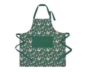 HOMESCAPES Green Christmas Apron 100% Cotton Festive Forest Floral Holly Design Adjustable Xmas Pattern Apron with Pocket