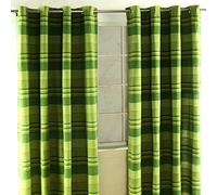 HOMESCAPES Green Eyelet Curtain Pair 167cm (66") Wide x 182cm (72") Drop Morocco Stripe Design Ring Top Curtain Pair