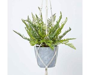 HOMESCAPES Green Fern Artificial Hanging Basket 95cm Long Large Hanging Planter For Indoor and Outdoor Decoration Lifelike Modern Davallia Bullata Plant in Grey Melamine Pot with Rope and Metal Hook