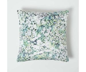 HOMESCAPES Green & Grey Reversible Velvet Floral Cushion 46 x 46 cm Filled Decorative Throw Pillow with Botanical Flower Garden Design Cushion Insert Included
