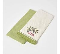 HOMESCAPES Green Tea Towels 100% Cotton Set of 2 Waffle Teatowels Super Absorbent Lint Free Kitchen Towels with Embroidered “Olive” Design, 40 x 60 cm
