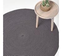 HOMESCAPES Grey and Black Handwoven Braided Spiral Rug 120cm Round Pattern Large Cotton Rug