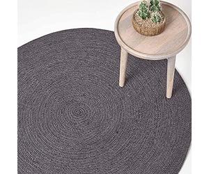 HOMESCAPES Grey and Black Handwoven Braided Melange Rug 200cm Round Pattern Large Cotton Rug