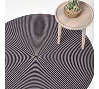 HOMESCAPES Grey and Black Handwoven Braided Spiral Rug 120cm Round Pattern Large Cotton Rug